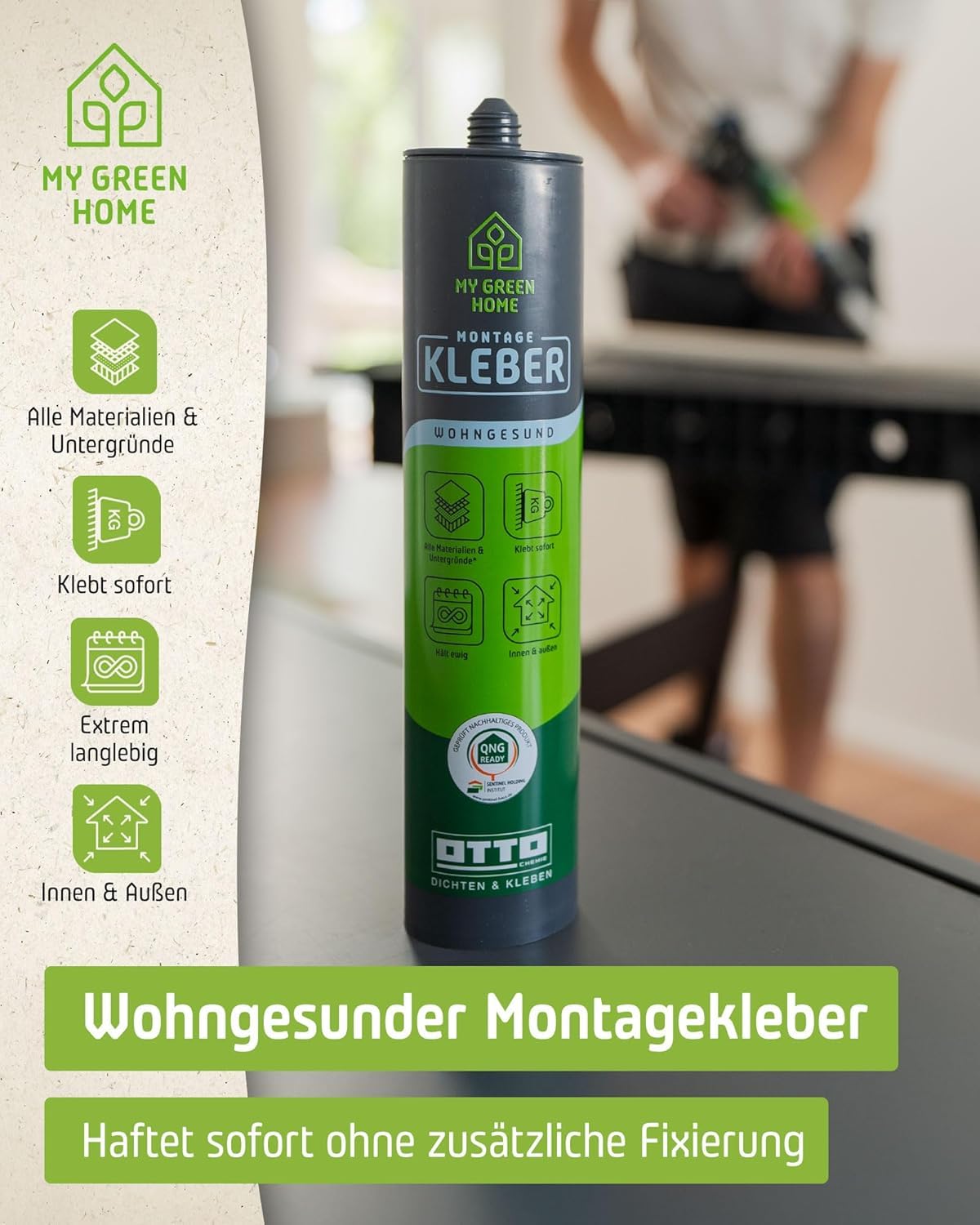 12 x MY GREEN HOME klej montażowy 300 ml w kolorze białym Kleje wszystkie materiały i podłoża – uniwersalne zastosowanie do kuchni, łazienki, ogrodu, kamienia naturalnego, płytek Ottocoll