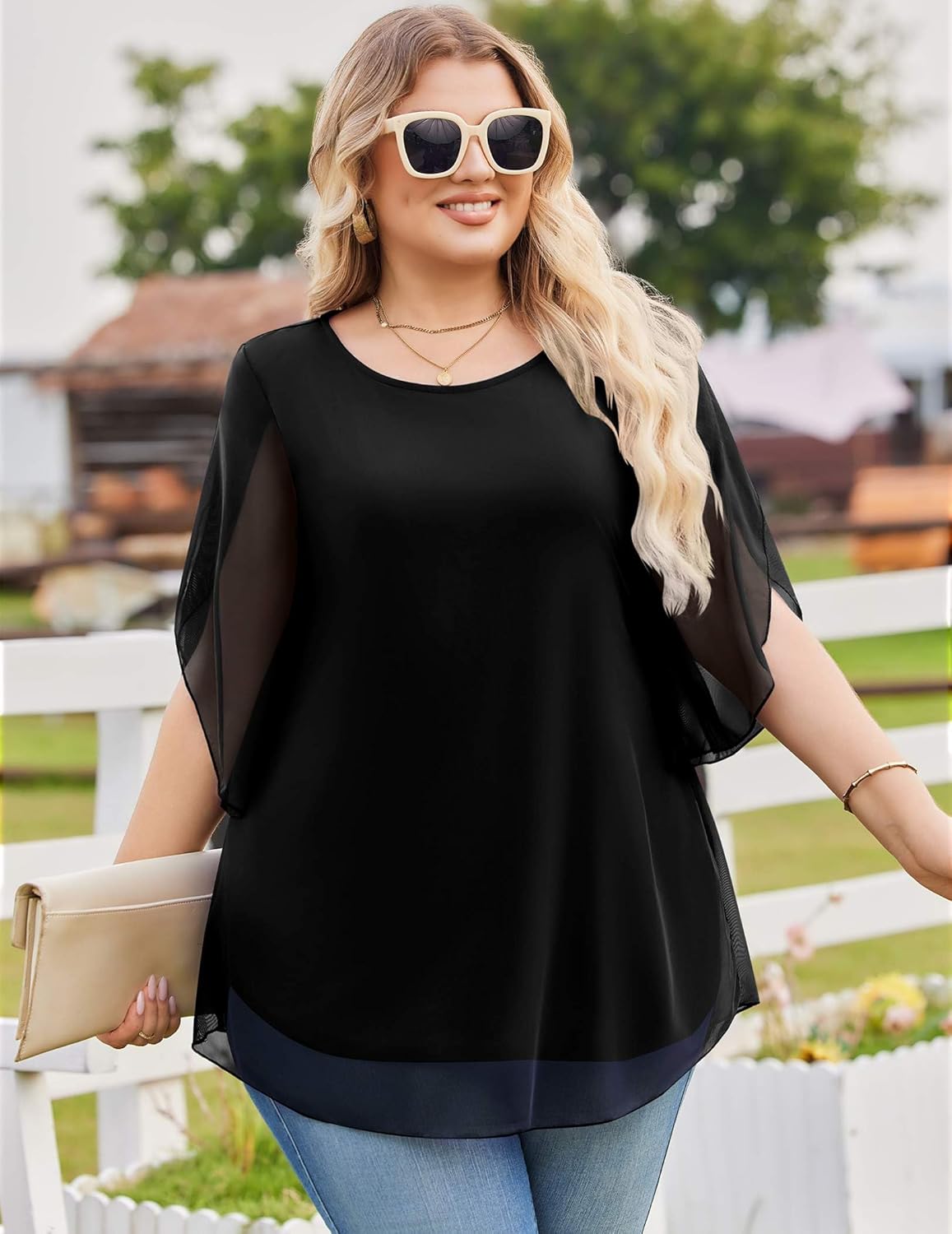 IN'VOLAND Plus Size 3/4 Sleeve Women Blouses Dressy Casual Double Layers Mesh Blouses Loose Fit Flowy Shirts - Image 2
