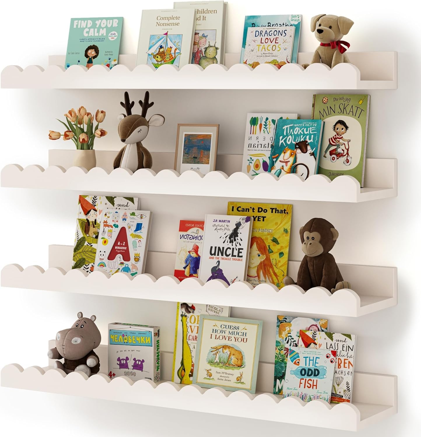 Wandregal Kinderzimmer, 60cm, Massivholz, für Bücher, Spielzeug, Dekoration, Wand-Bücherregal, Hängeregal, Weiß, 4er-Set