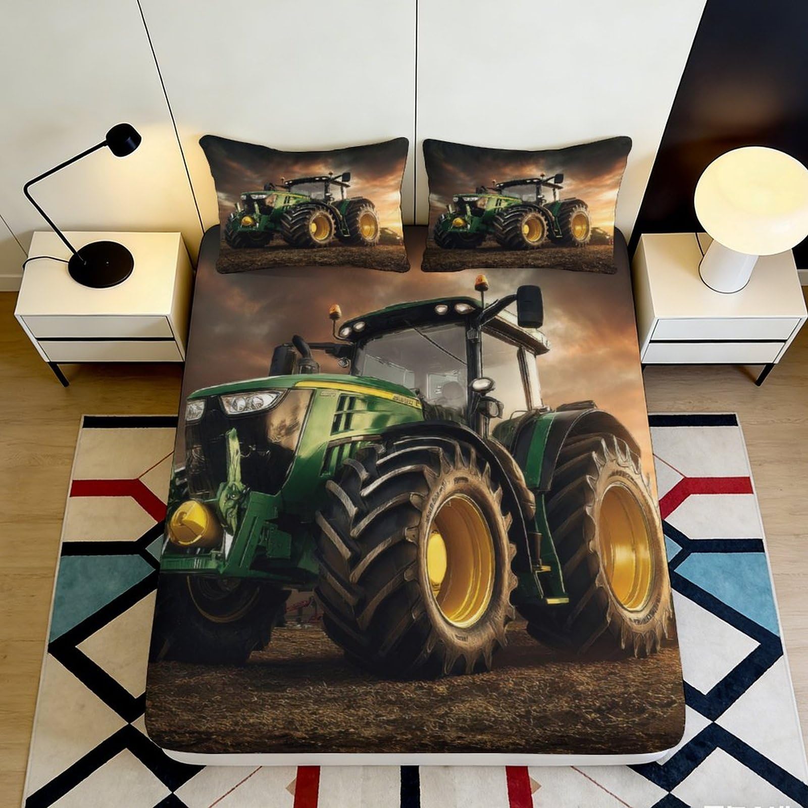 3D Printed Tractor Fitted Sheet Microfiber Durable Soft 3D Tractor Print Bed Cover for Bedroom Dormitory Guest Room Mattress Protection 180x200x25cm