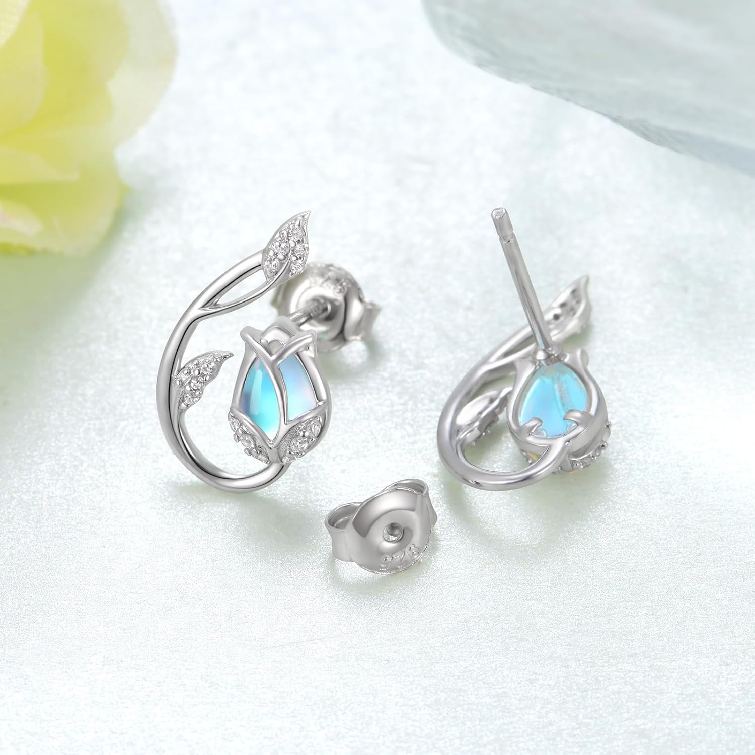 Tulip Earrings 925 Sterling Silver Tulip Moonstone Stud Flower Jewelry Woman Birthday Gift