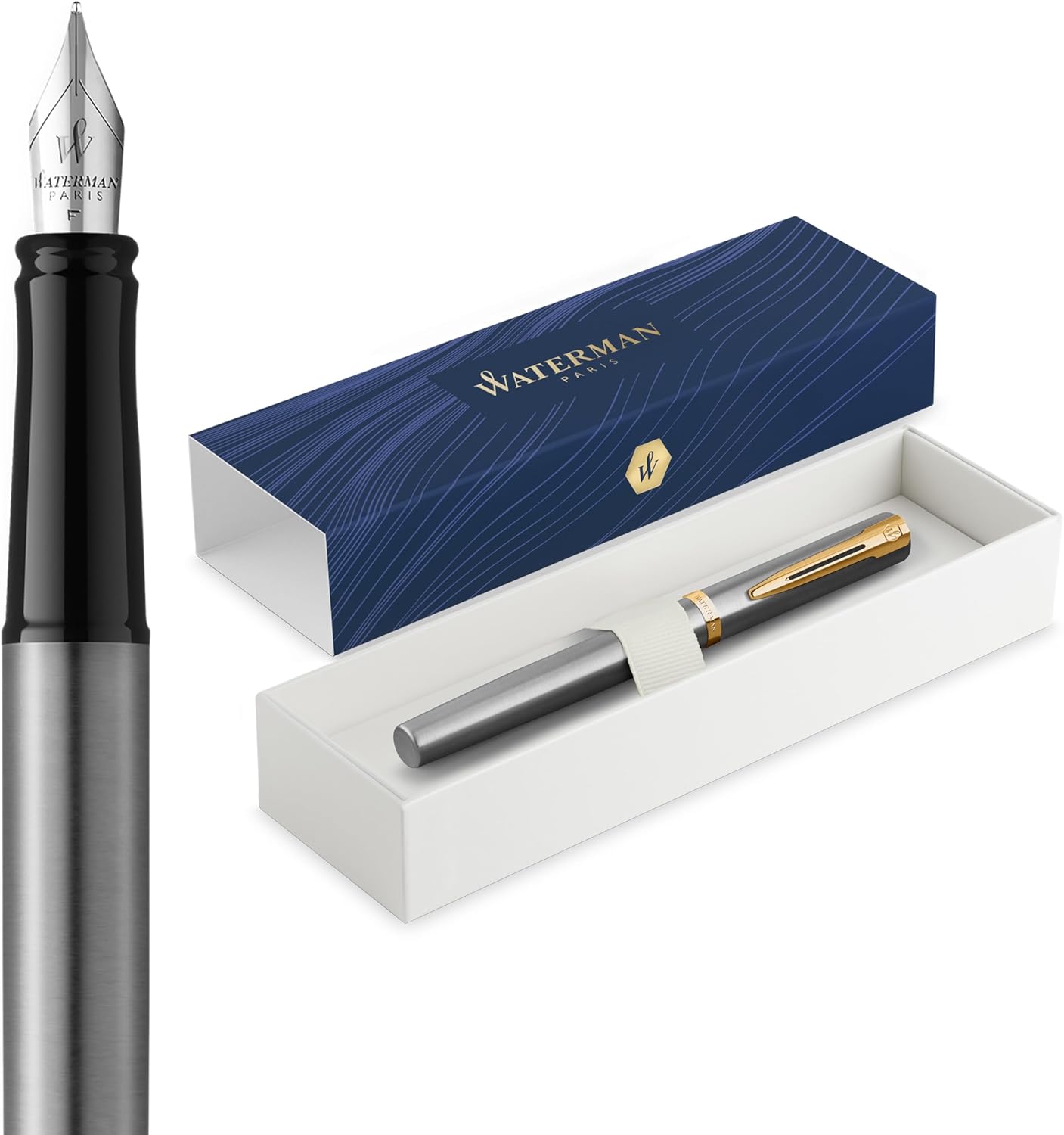 Waterman Impression Fountain Pen | Stainless Steel with Gold Trim | Fine Nib | Blue Ink | Gift Box