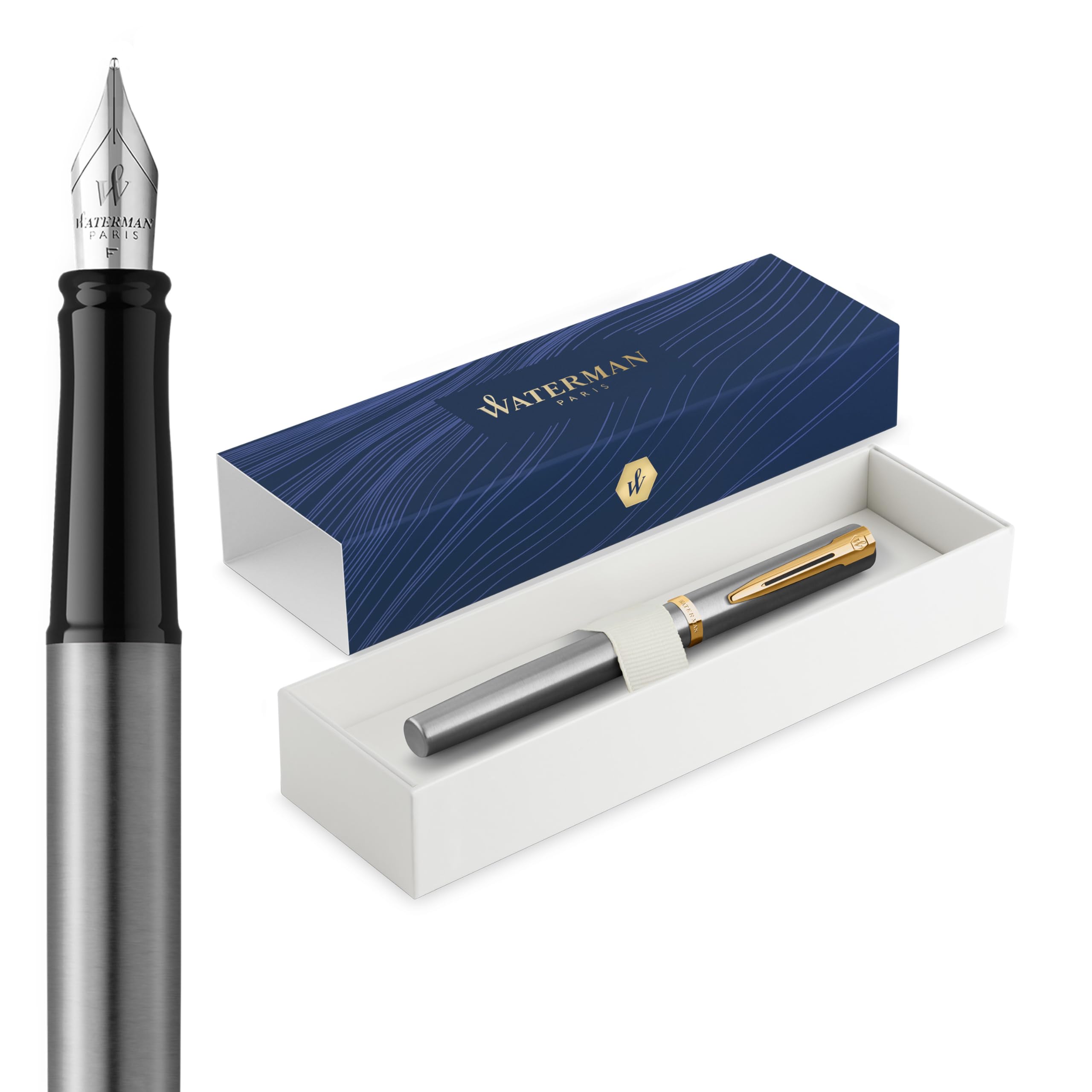 Waterman Impression Fountain Pen | Stainless Steel with Gold Trim | Fine Nib | Blue Ink | Gift Box