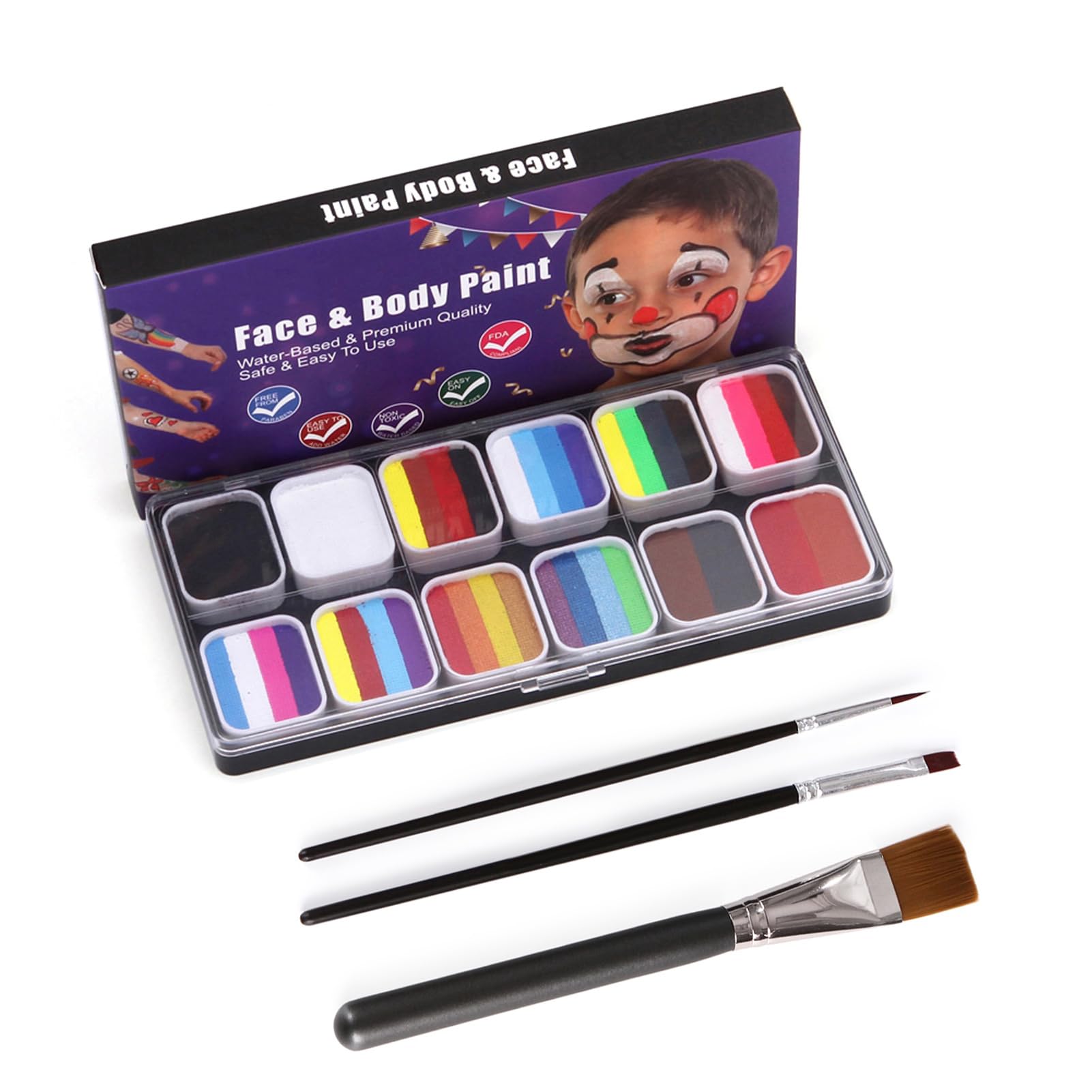 Pittura per il viso Set di 30 colori per acquerelli con 3 pennelli Kit attivato in modo sicuro per Halloween Costume Cosplay Party Festival Artisti Adulti (con 3 pennelli)
