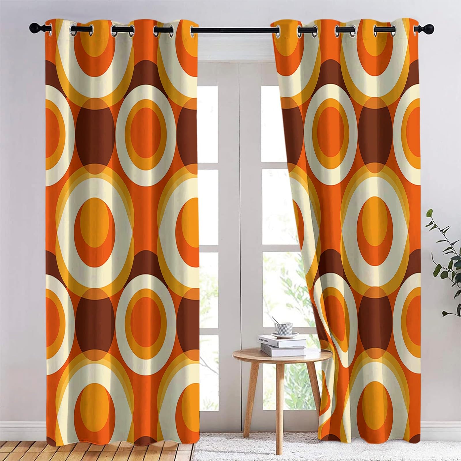 Motif à bulles rétro marron et orange Rideau Occultant - Rideaux Thermique Isolant Anti Froid Anti UV 2 Pièces 91.5 X 214 cm (LxH) Tenture Opaque à Oeillets pour Chambre Salon Cuisine Decoration
