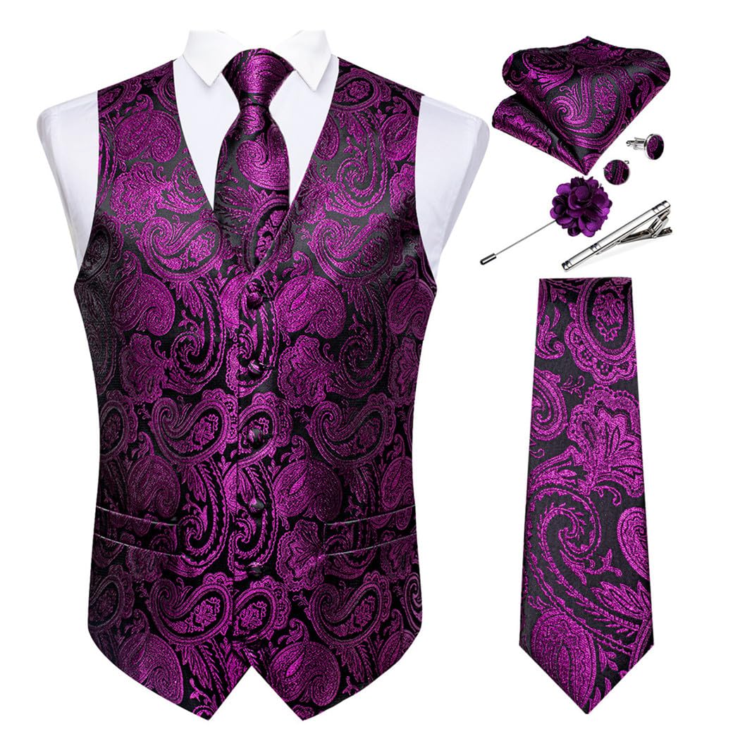 FULBHPRINT Set Da Uomo Nero Per La Festa Nuziale, Gilet Da Lavoro, Cravatta, Spilla, Gemelli Quadrati, Papillon