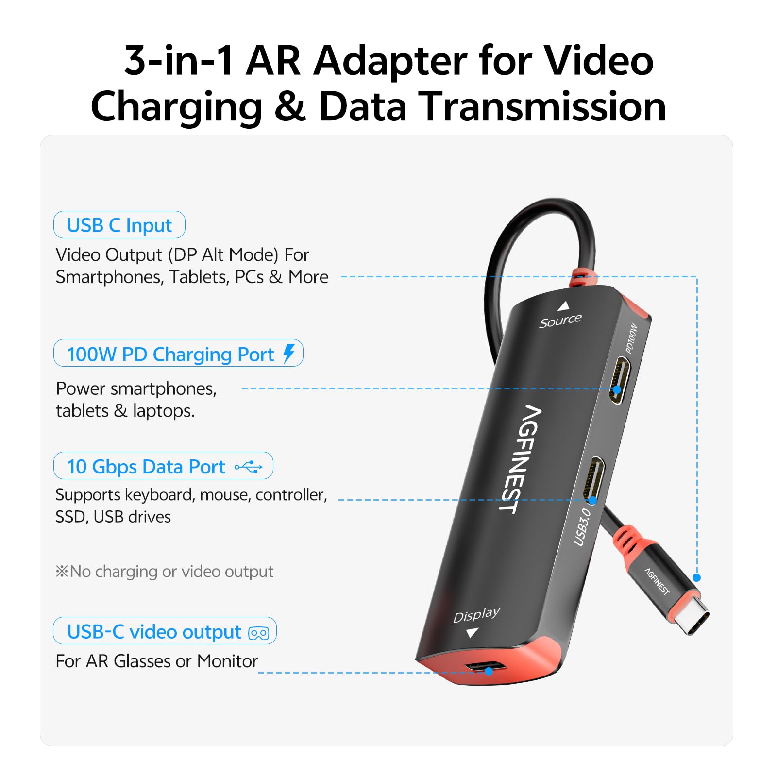 Adattatore per occhiali da USB-C a AR Switch 2 - 4K @ 60Hz 2K @ 120Hz 100W PD USB-C Porta dati USB-C per tastiera mouse, compatibile con iPhone17/16 Switch Steam Deck Laptop a XREAL, VITURE, Rokid AR