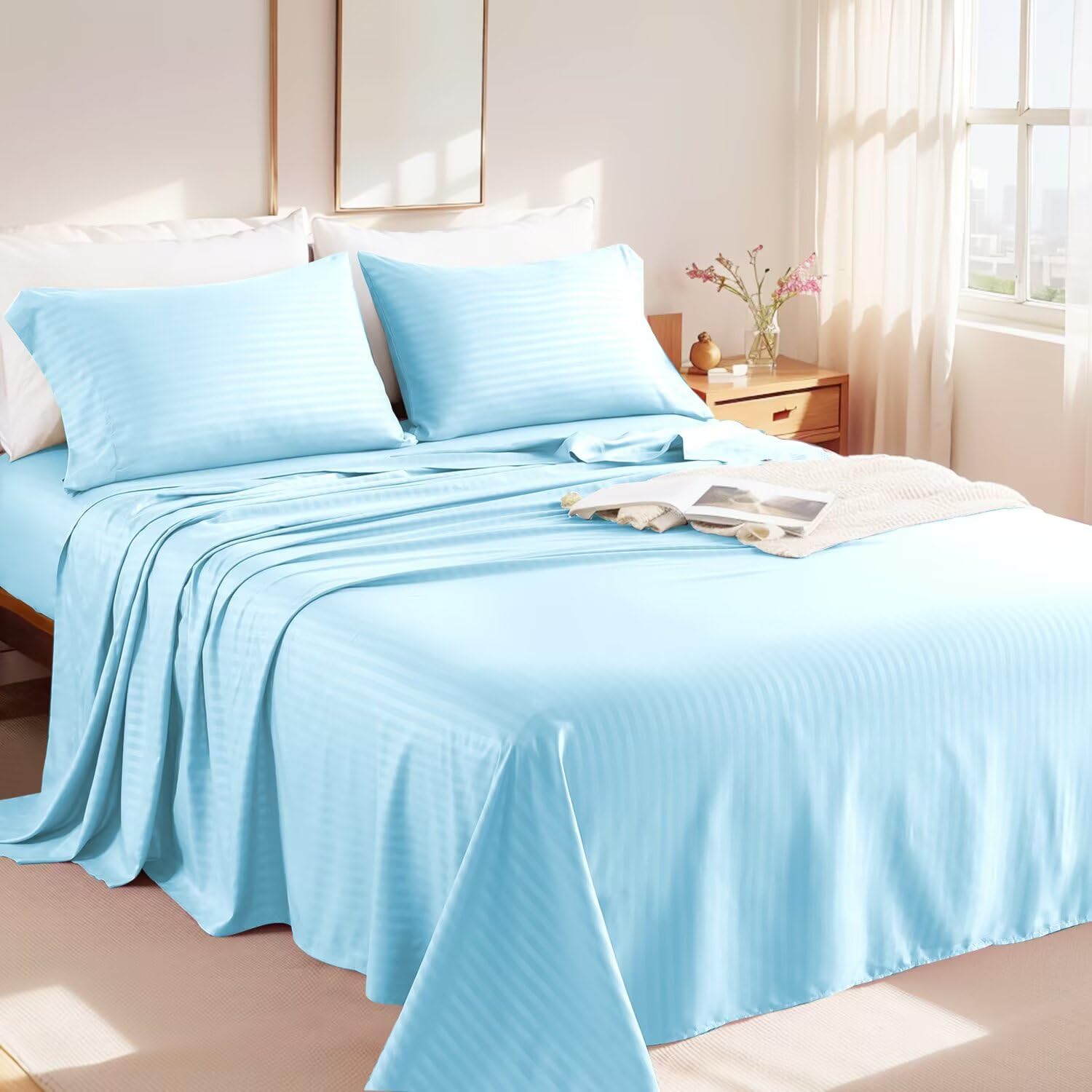Queen Sheet Set 4 Pieces Striped Queen Bed Sheets Soft Hotel Microfiber Sheets Deep Pocket Blue Sheets Comfortable