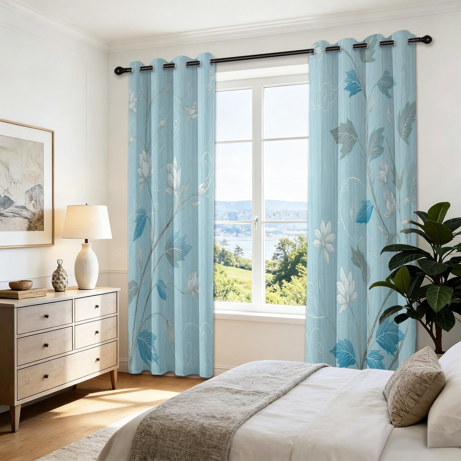 Wirujące i botaniczne minimalistyczne zasłony okienne 70 l x 240 H cm (2 panele), gruba izolacja termiczna 240g/m² do drzwi okiennych, biura, sypialni, jasnoniebieskie