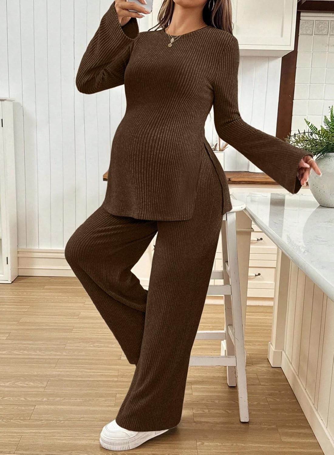 BLENCOT Maternity 2 Piece Outfits Ribbed Knit Long Sleeve Sets