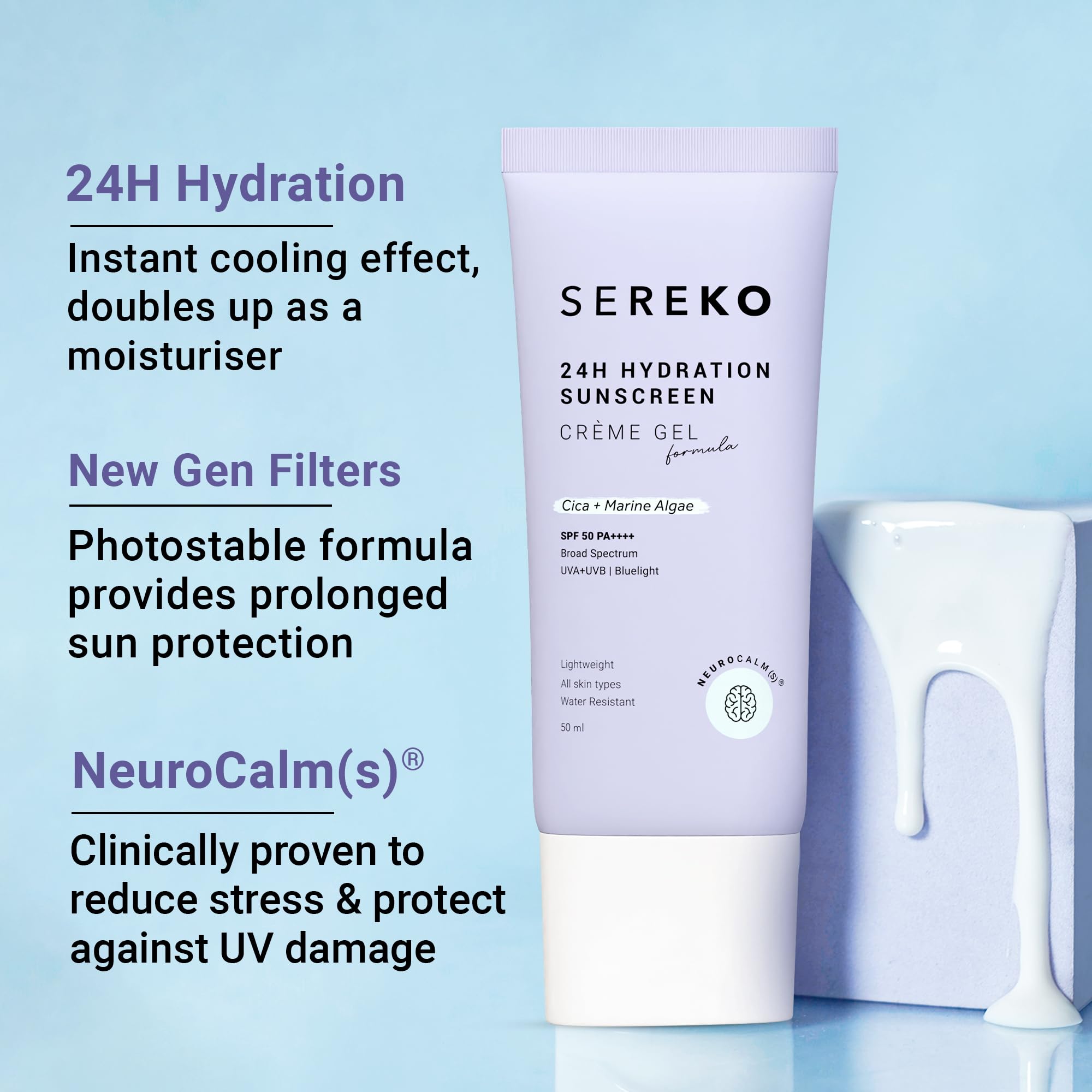 SEREKO Sunscreen SPF 50 PA++++ Crème Gel | Zero White Cast, Blue Light + UVA/UVB Protection | Quick Absorbing, Non-Greasy, 24H Hydration | For Men & Women | All Skin Types – 100 ml (Pack of 2) 3