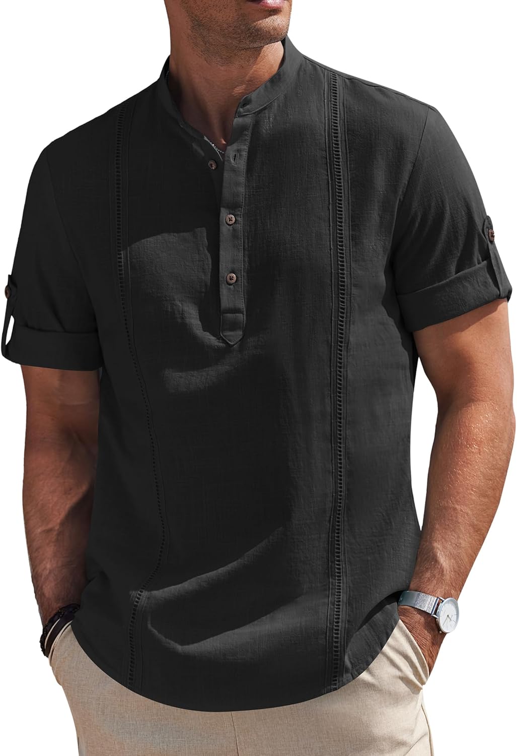 COOFANDY Men's Cotton Linen Henley Shirt Short Sleeve Hippie Casual Band Collar Summer Beach T-Shirts Black X-Large