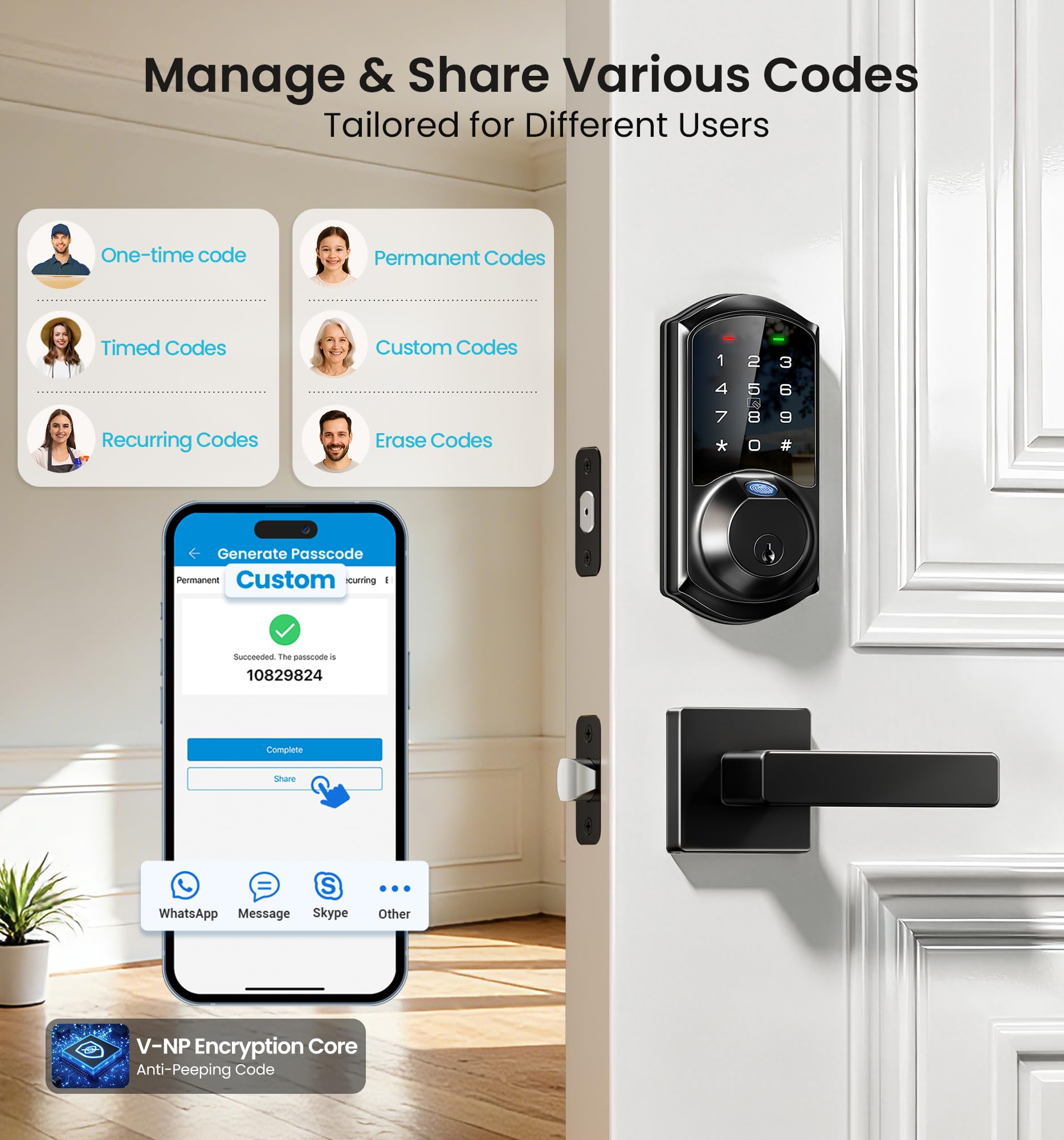 Veise VE07-L Fingerprint Smart Locks for Front Door with 2 Lever Handle Set, App Control, Keyless Entry, Electronic Digital Keypad Deadbolt, Auto Lock, Waterproof, Easy to Install, Matte Black