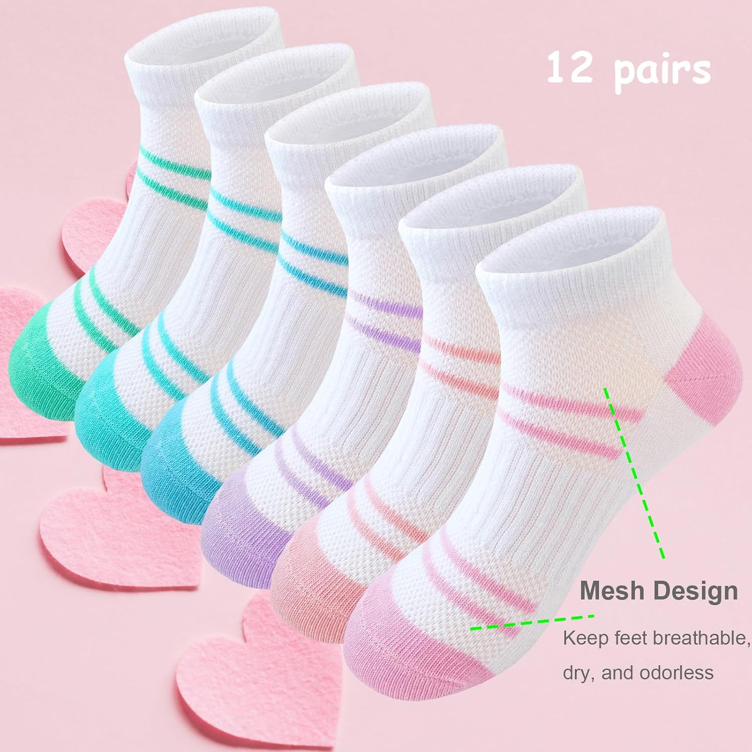 Bemeol 12 Pairs Girls Socks Kids Low Cut Ankle Athletic Socks Cotton Sports Sock