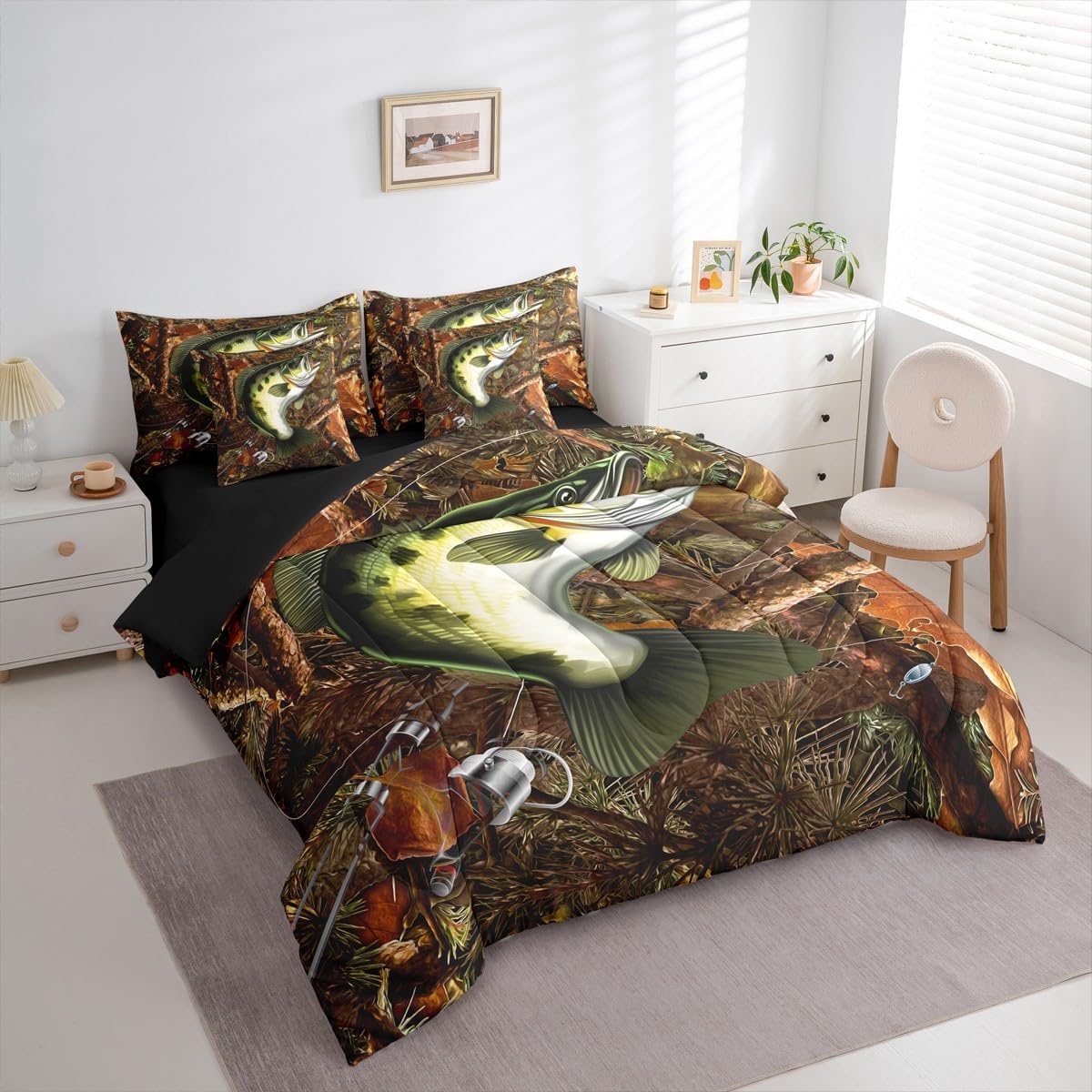 Erosebridal Bass Fish Hunting Bed in a Bag Full Pike Fish Fishing Rod 7 Piece Comforter Set for Men Women Fisherman Fishing Lover,Retro Wooden Branches Flat Fitted Sheet Rustic Farmhouse Bedding Set
