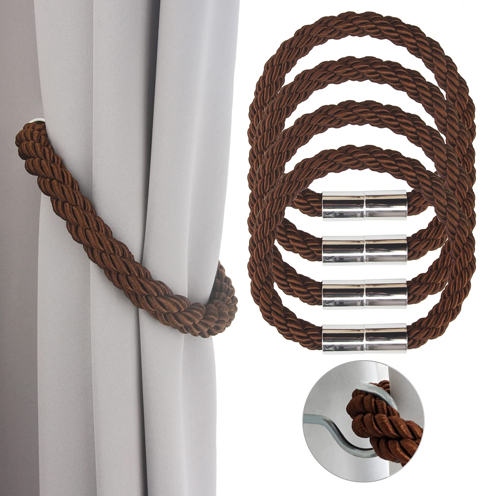 Lot de 4 embrasses de rideaux magnétiques solides - 50 cm - Pour rideaux fins ou épais avec crochets en métal - Légèrement lourdes