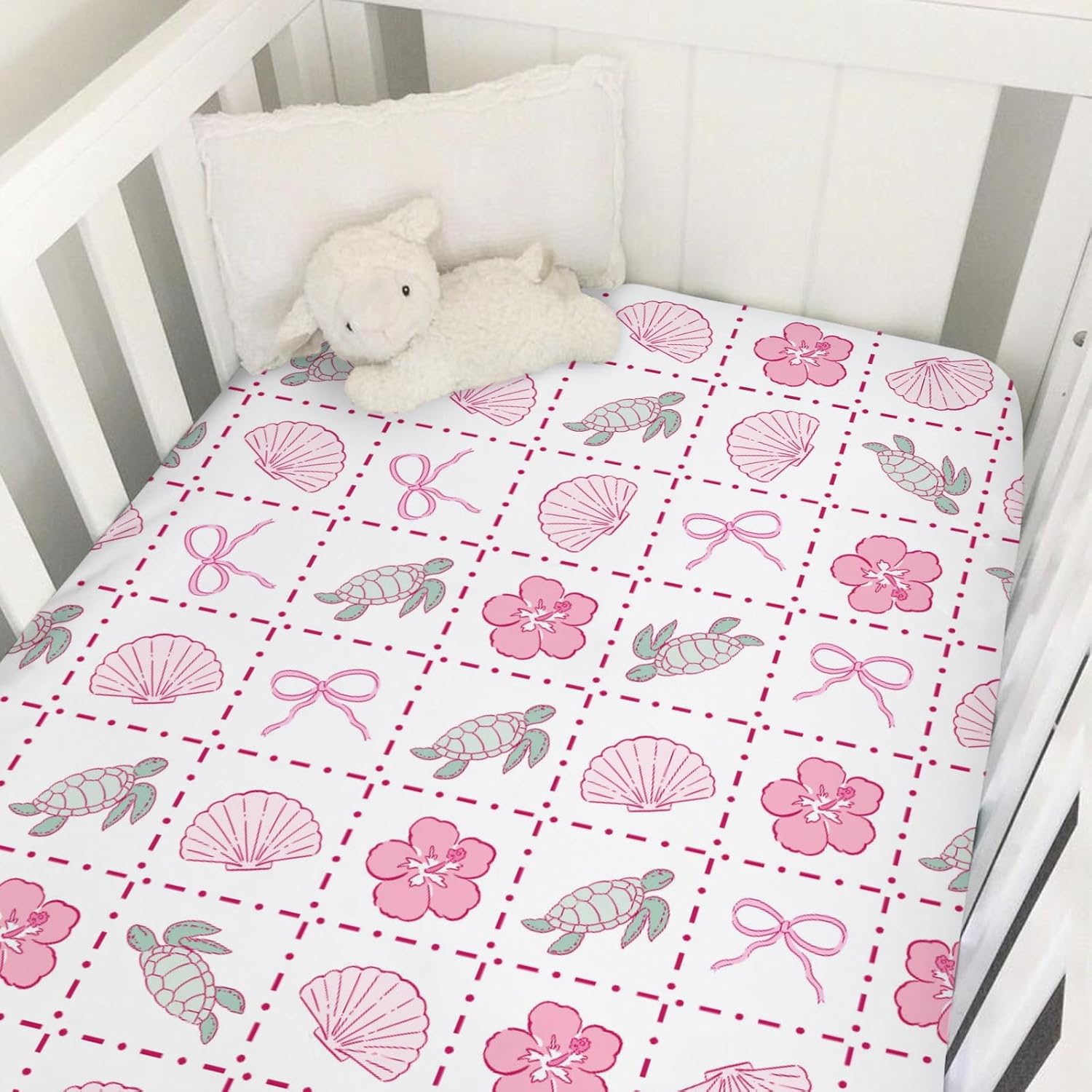 Boho Sea Turtles Seashells Bows Baby Crib Sheets for Girl Summer Turtles Tropical Flowers Soft Snug Fitted Crib Mattress Covers for 52''x28'' Standard Crib & Toddler Mattress Nautical Beach Bed Sheets