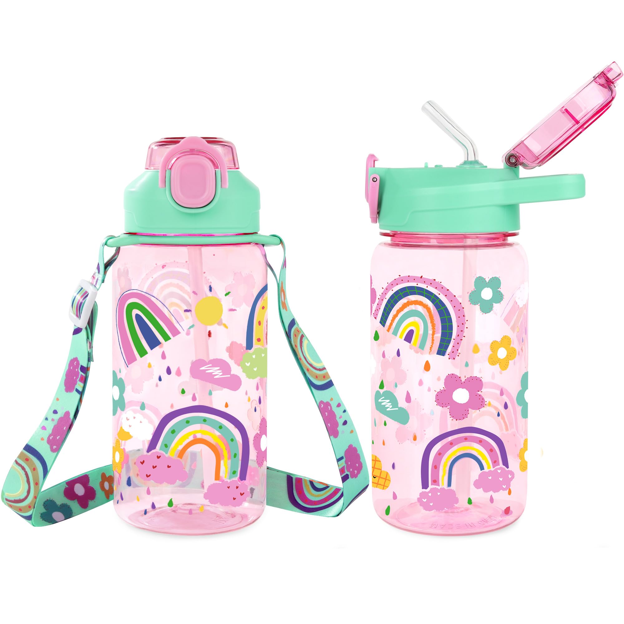 Queenshin Girls Rainbow Water Bottle with Straw for School Kids 20oz Large