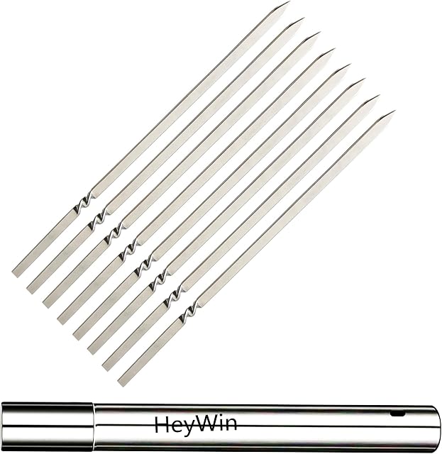 HeyWin Kebab Skewers,8 Pcs 14 inch Flat and Thicker Skewers Stainless Steel,with A Metal Tube,for Family BBQ