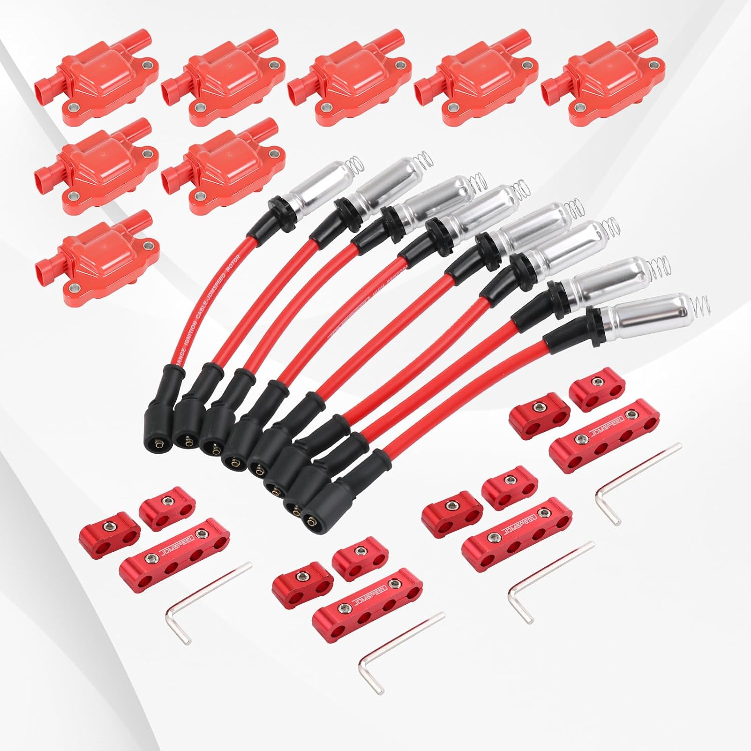 Set of 8 Ignition Coil Pack Square Type + Set of 8 8mm Spark Plug Wire Harness High Voltage Energy Compatible with Chevrolet GMC Cadillac Replace# UF413, D513A, C1511
