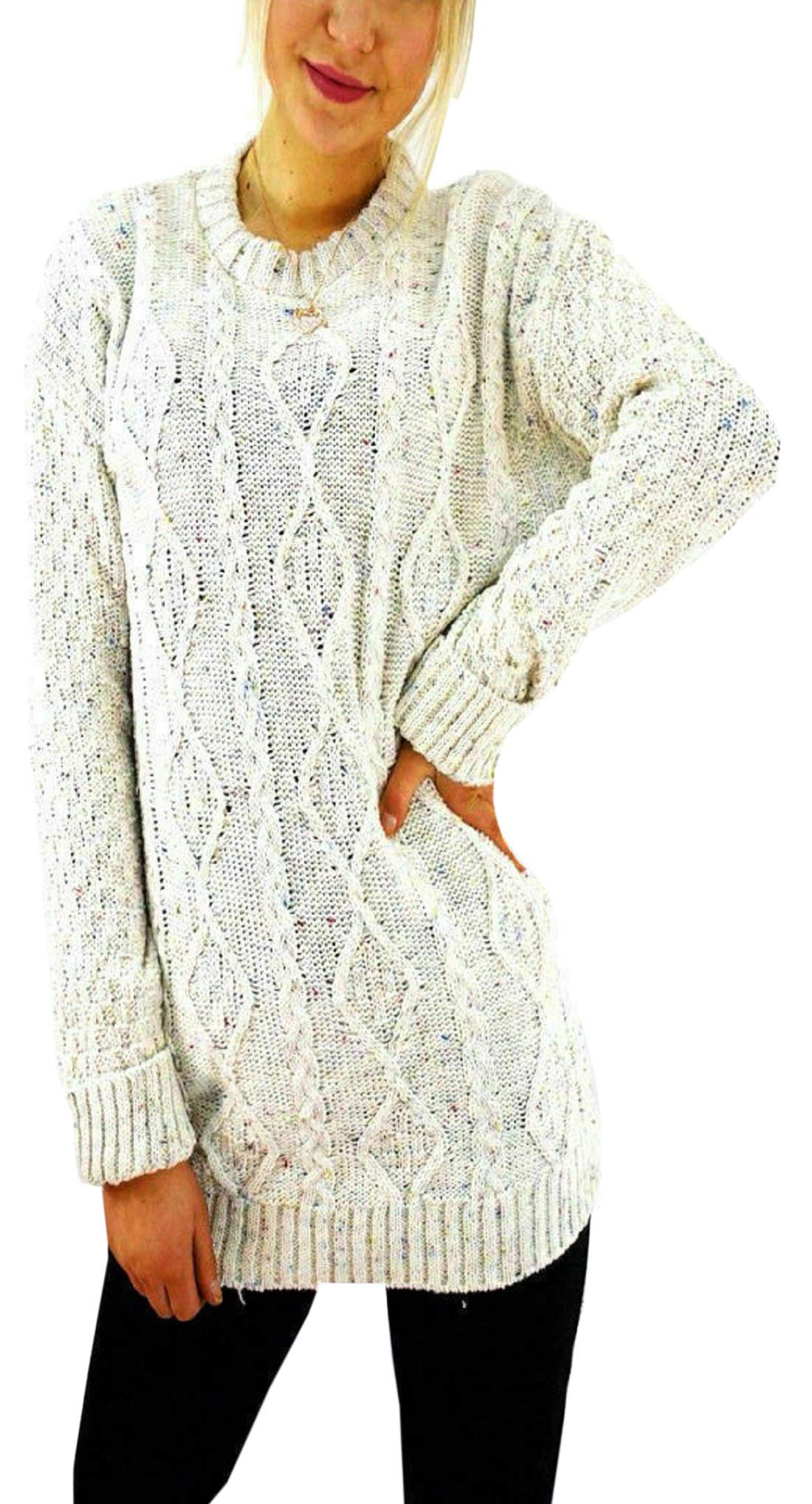 METLUQ M0D4 New Ladies Long Sleeve Chunky Cable Knitted Jumper Crew Neck Winter Sweater Top (Cream, UK 8-10)