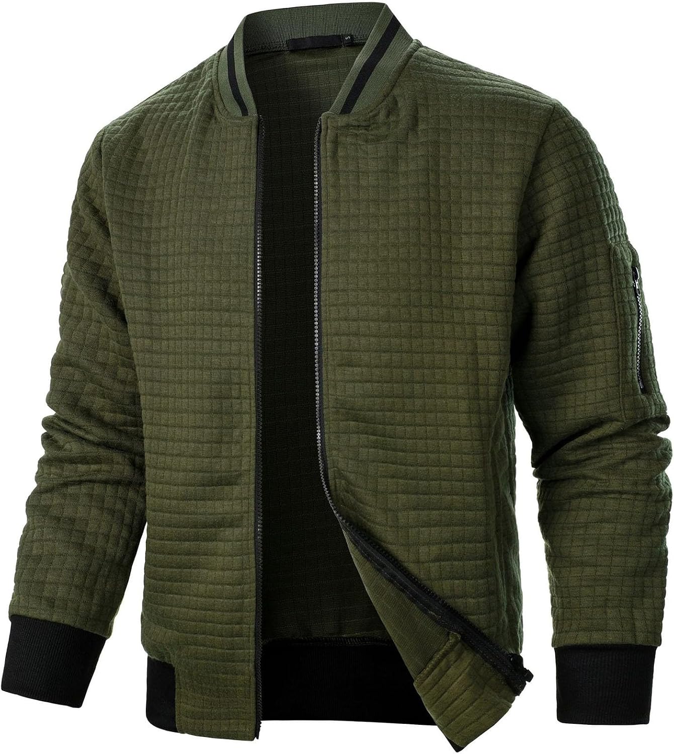 Men's Grid Textured Bomber Jacket Stand Collar Full Zip Casual Coat