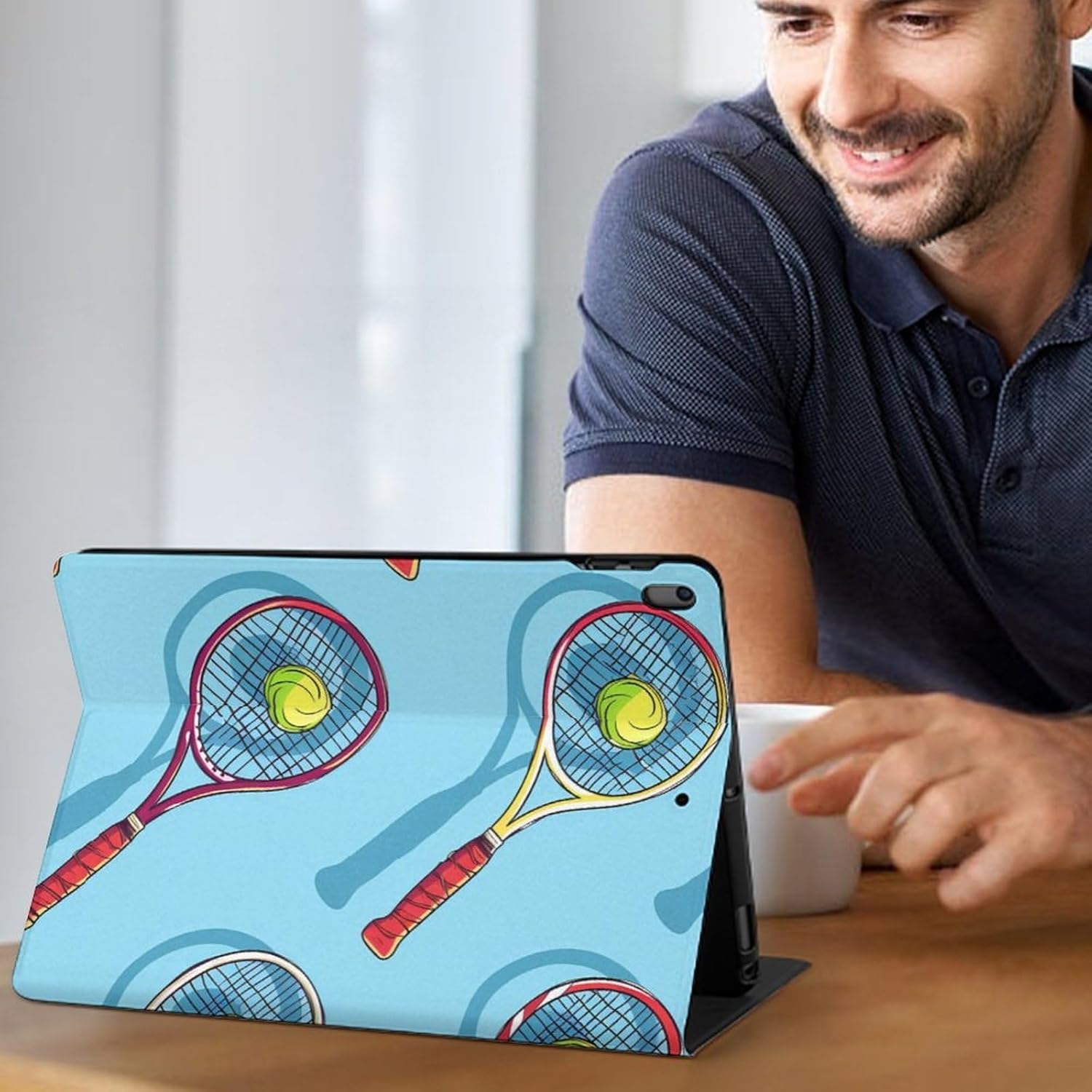 Tennis Ball Racket Sport Printed Case Trifold Stand Protective Cover Compatible with ipad Pro/ipad Air3(10.5in)