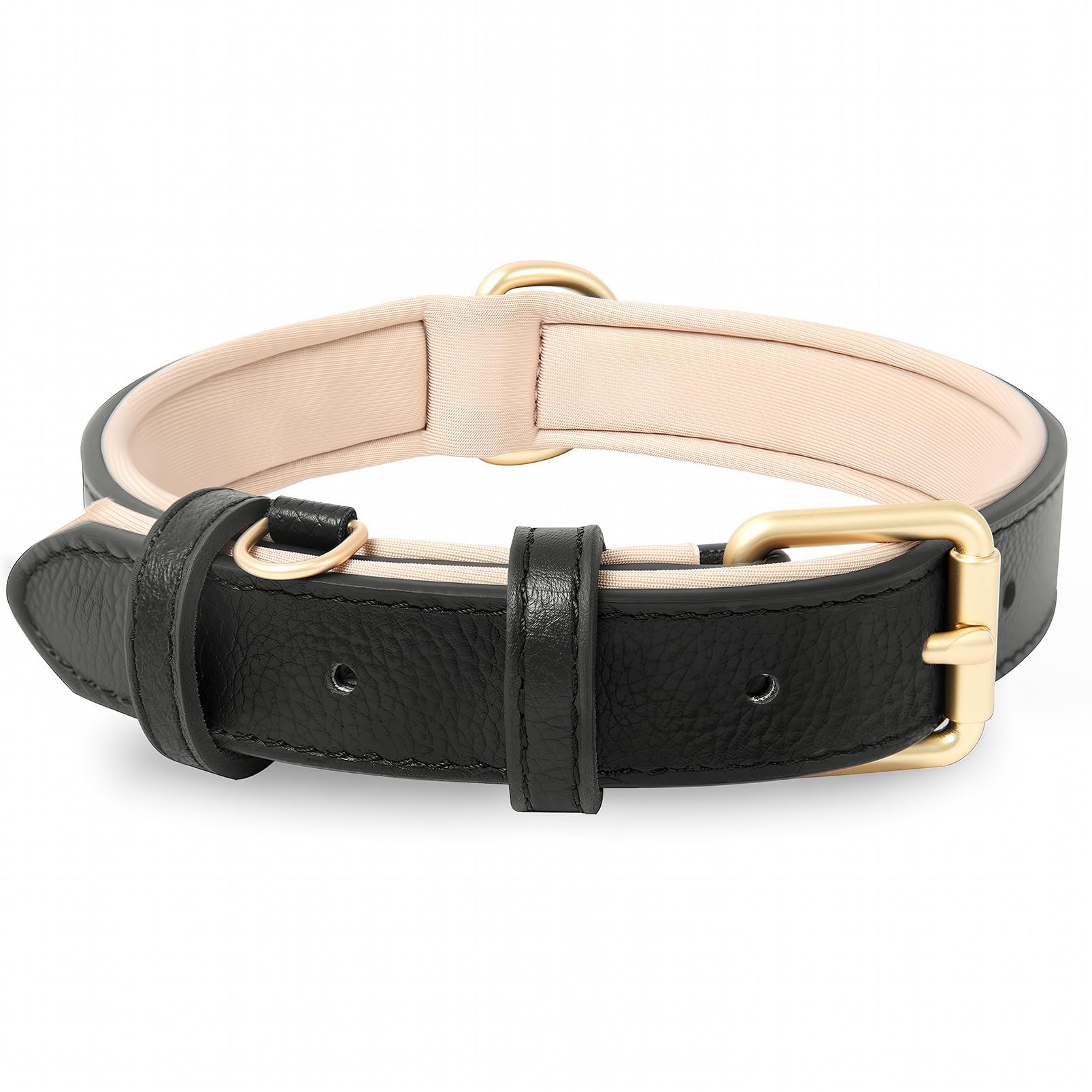HEELE Collar de Cuero Suave para Perros medianos y Grandes, Transpirable, Acolchado con Anillo en D, Collar clásico Ajustable para Mascotas, Negro, L