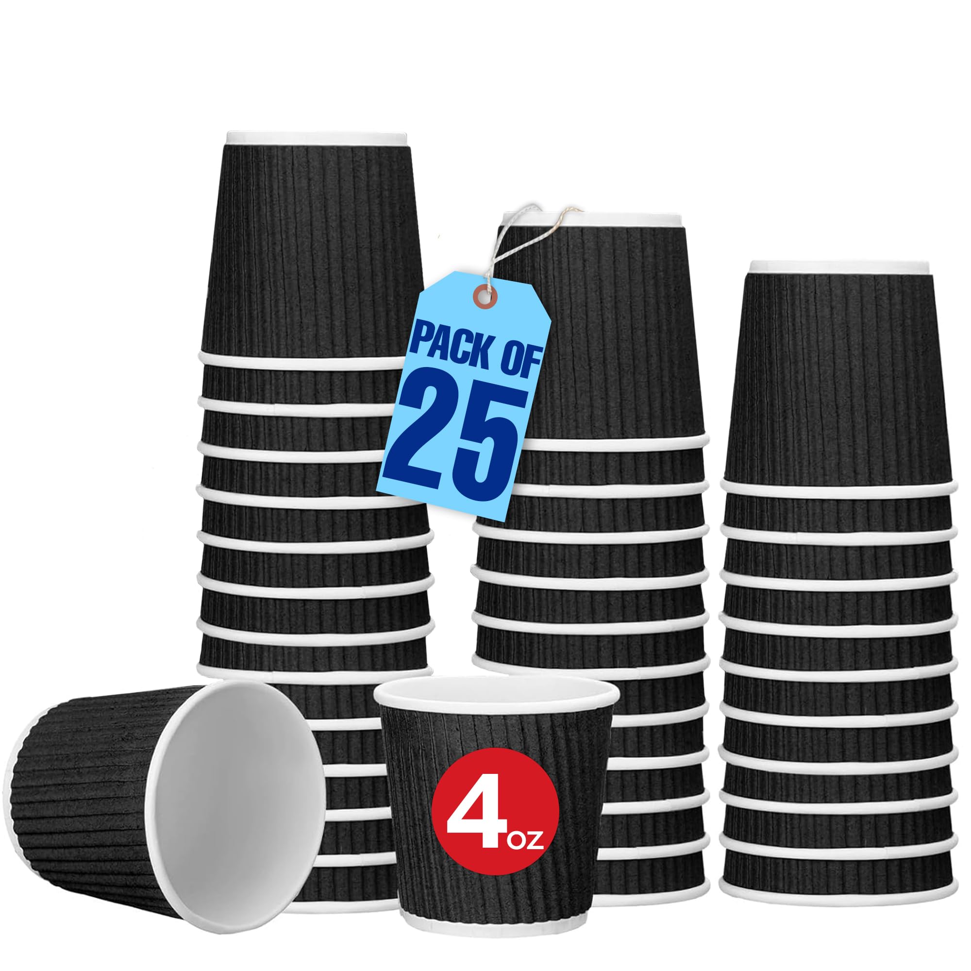 MARKQ [25 Cups] 4 oz. Black Disposable Coffee Cups - Triple Wall Ripple Hot Paper Cups for Tea, Drinks To-Go