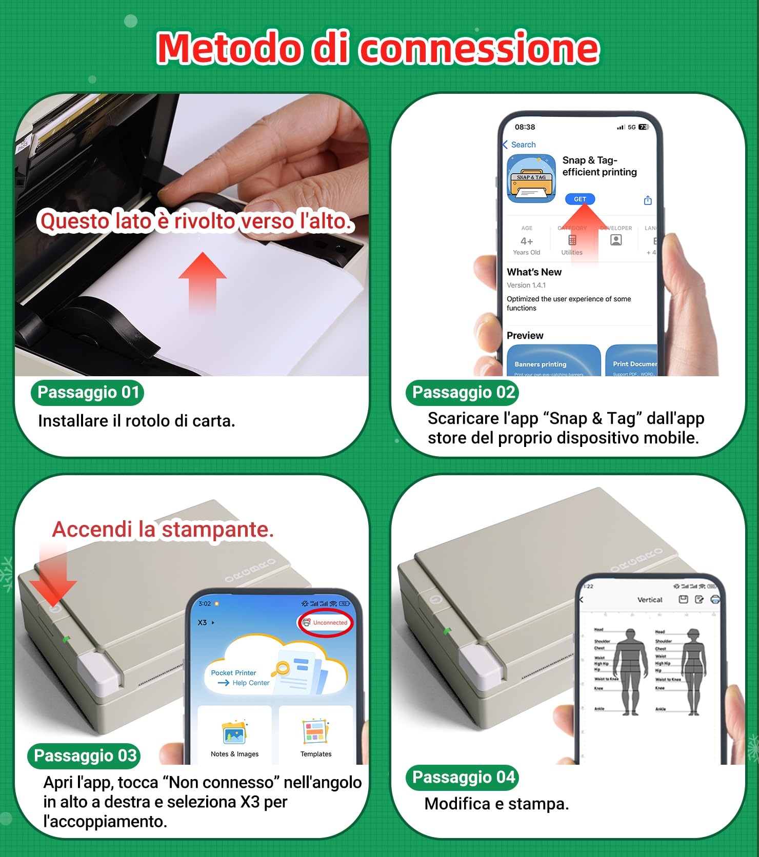 Stampante Termica Bluetooth ORGBRO X3 300DPI, Mini Stampante Portatile Senza Fili per Casa Ufficio Viaggi (Verde Oliva)