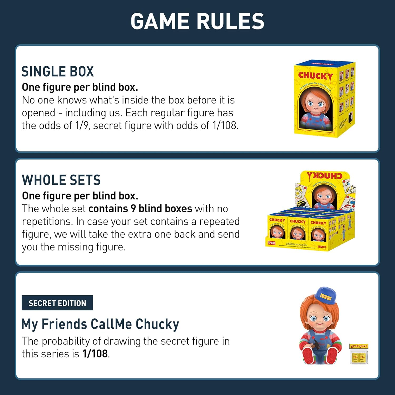 POP MART Chucky Franchise Series Blind Box Figures, 儿童用品 Spooky Home Decorations, Holiday for Girls and Boys, Whole Set