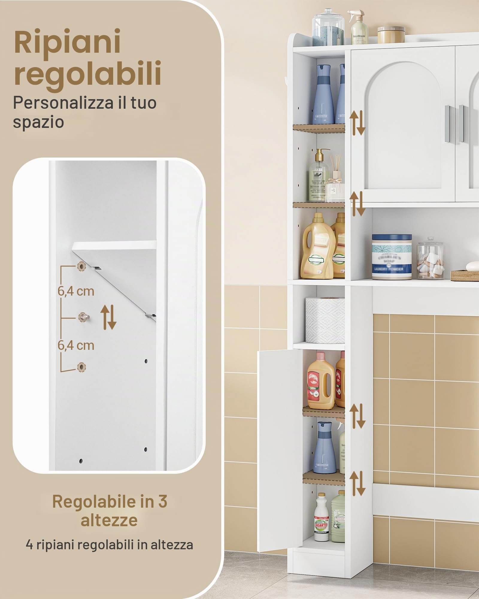 Hzuaneri Mobile Lavatrice, Ripiani Regolabili, 24 x 82 x 170 cm, ELR82003X | Mobile Sopra Lavatrice, 2 Armadietti, 5 Scomparti Aperti, Scaffale da Bagno con 3 Ante, Bianco, Stile Moderno Minimalista