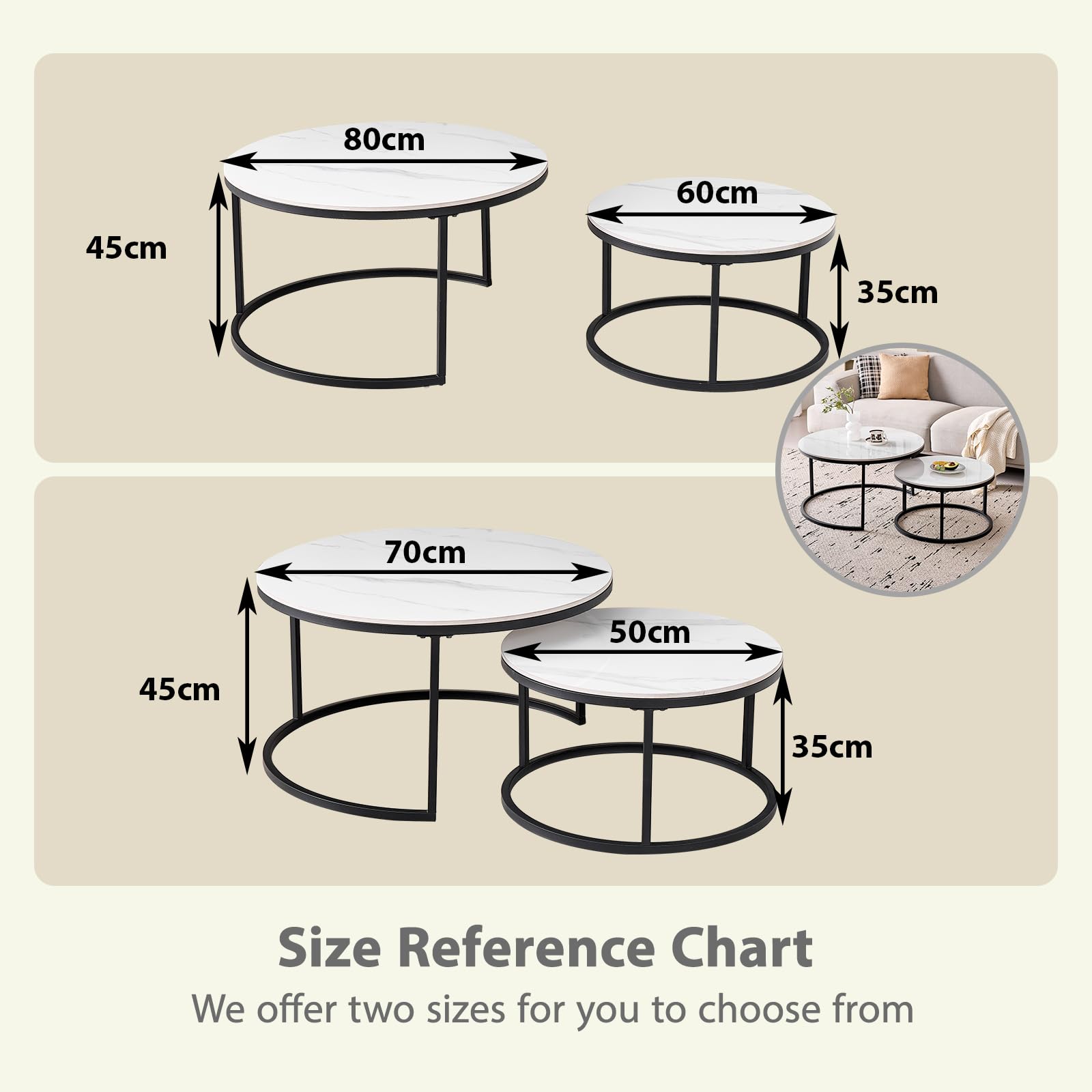 GrandCA HOME Set di 2 Tavolini Rotondi da Caffè, Tavolini Impilabili Moderni per il Soggiorno, Struttura in Metallo Nero, 50 cm e 70 cm, Realizzati in Marmo Bianco e Pietra Sinterizzata