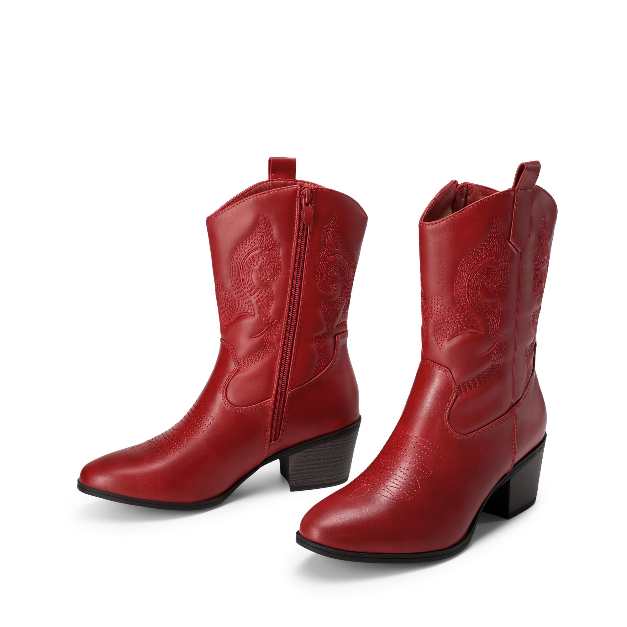 DREAM PAIRS Kowbojskie buty kowbojskie do połowy łydki dla kobiet, Czerwony, 40.5 EU | Buty westernowe z okrągłym noskiem, gruby niski obcas, buty do haftowania, festiwale muzyki country impreza tematyczna