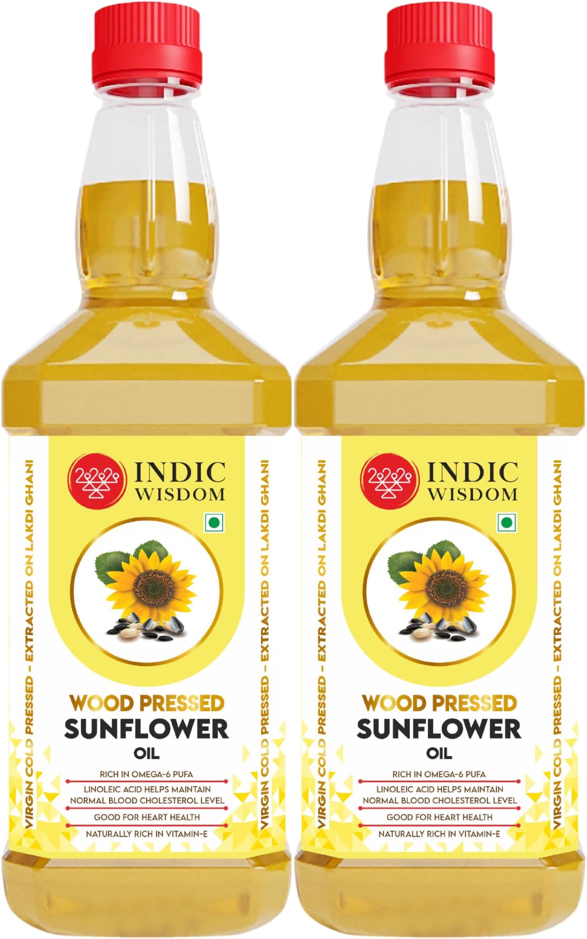 IndicWisdom Wood Pressed Sunflower Oil 1 Liter (Cold Pressed - Extracted on Wooden Churner) | 100% Sunflower Oil | Kolhu/Kacchi Ghani/Chekku