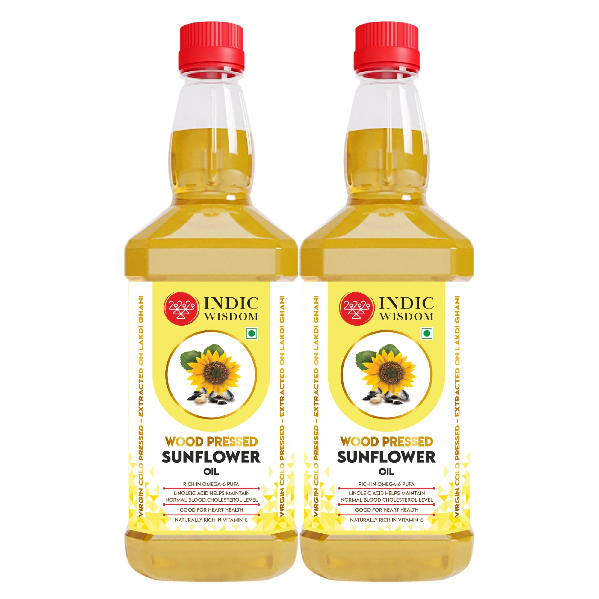 IndicWisdom Wood Pressed Sunflower Oil 1 Liter (Cold Pressed - Extracted on Wooden Churner) | 100% Sunflower Oil | Kolhu/Kacchi Ghani/Chekku
