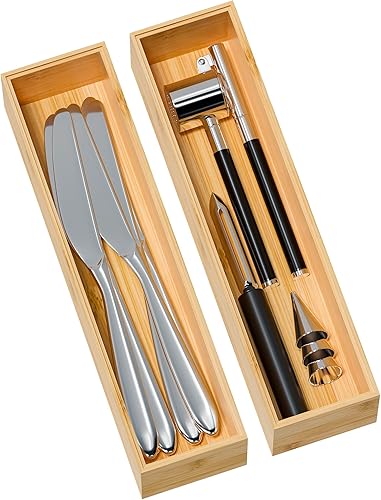 Miniatura 9 de Bandeja organizadora de cajones de cocina, organizador de cajones profundos de bambú apilable para cubiertos grandes, utensilios, cubiertos, cajones