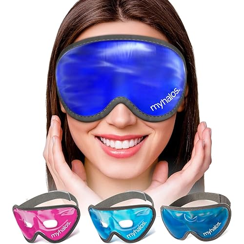 MyHalos Gel Mask - Reusable Cooling Eye Mask with Adjustable Straps - Cold Mask for Puffy Eyes, Dark Circles and Hangovers - Face Ice Pack Compress for Sinus, Headaches (Blue - No Eyeholes)