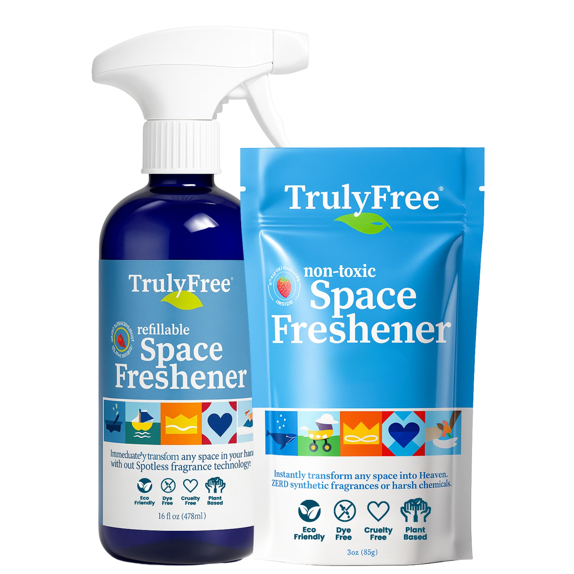 Truly Free Space Freshener Starter Kit, Lemongrass Essential Oil - Car and Air Fresheners for Home, Natural Odor Eliminator Room Spray, 16oz Spray Bottle, 1 Refill (3.4oz) No Synthetic Fragrances