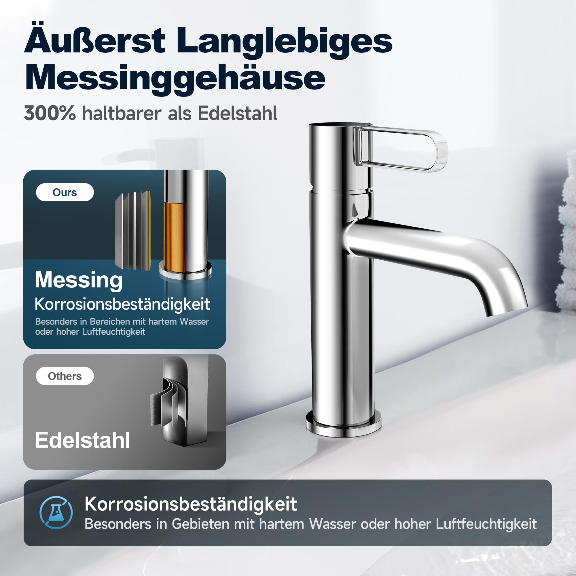 Bad Wasserhahn Waschtischarmatur Messinggehäuse Waschbecken mit Keramikkartusche Einhebelmischer Chrom Badarmatur für Badezimmer mit Ungiftiger EPDM-Innenschlauch