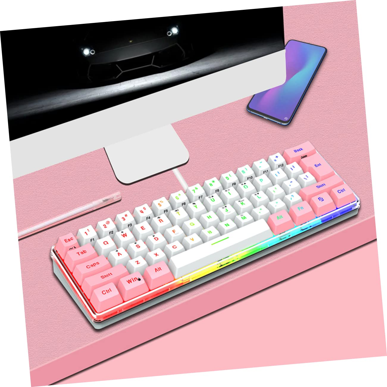 HEMOTON Tastiera Gaming Meccanica Compatta 61 Tasti Abs Rgb Multimediale | Tastiera Gaming Compatta, USB Interfaccia, per Gioco Multimediale, Design Compatto da 61 Tasti