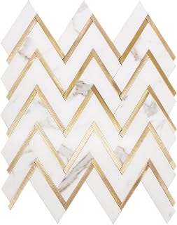 Waterjet Mosaic Wall Tile, Calacatta White with Gold Metal, 13x11-inch, Polished, Contemporary, Zigzag Pattern, 1-sq. ft/Piece, 999308
