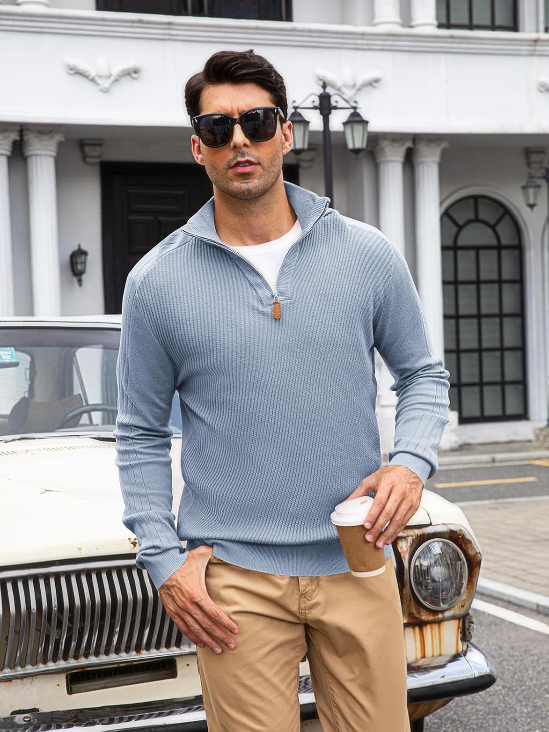 Mens Quarter Zip Pullover Sweater Slim Fit Long Sleeve Knit Lightweight Mock Neck Casual Polo Sweater - Image 5