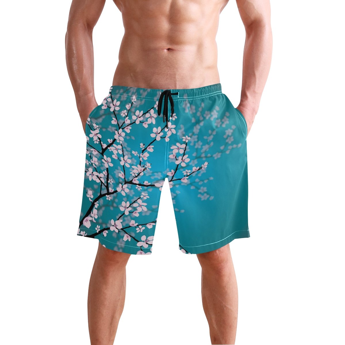 Ethel ErnestJapanese Sakura Flowers Cherry Blossom Summer Beach Shorts Men’s Swim Trunks Board Short for Men