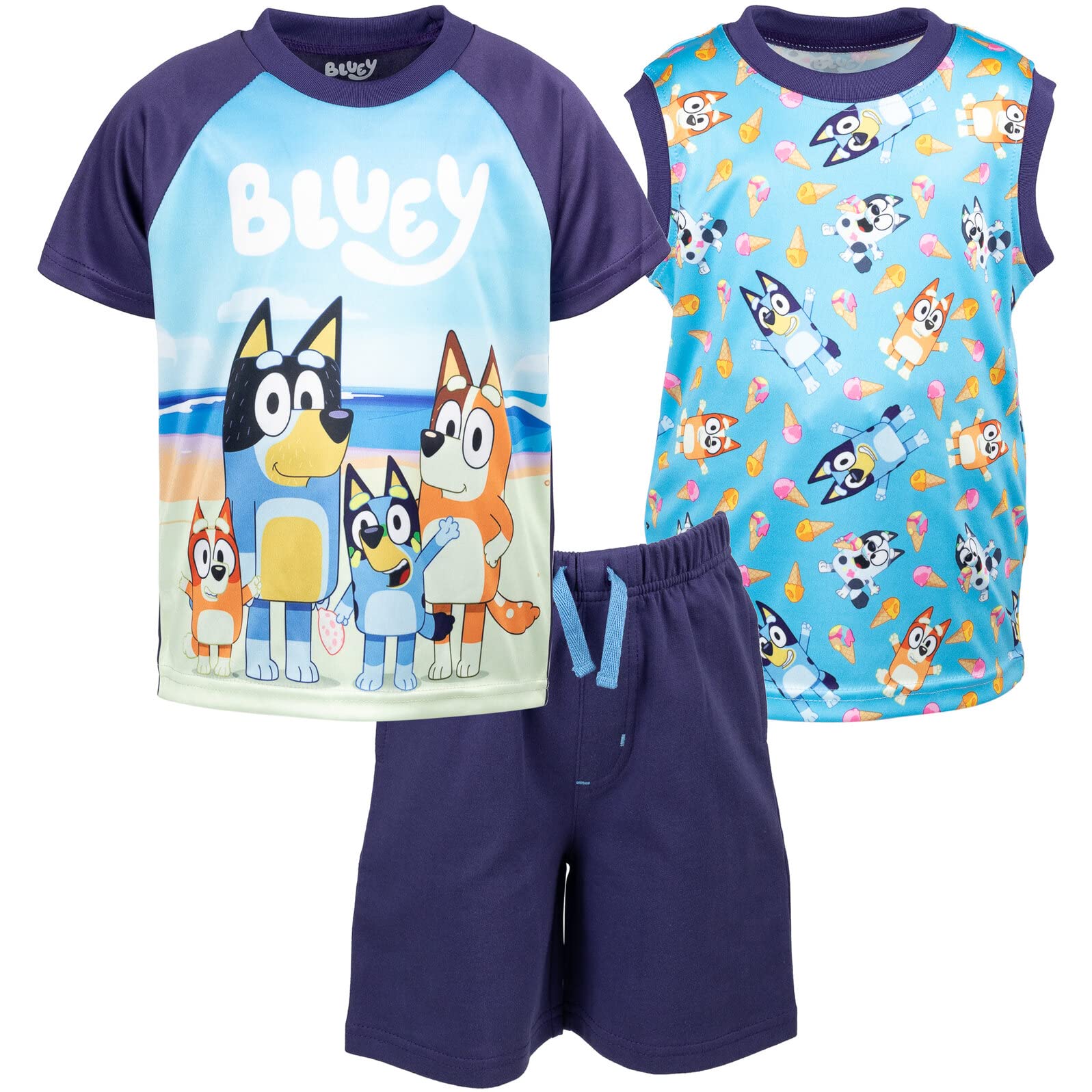 BlueyBingo Dad Mom T-Shirt Tank Top and French Terry Shorts 3 Piece Outfit Set Toddler to Big Kid