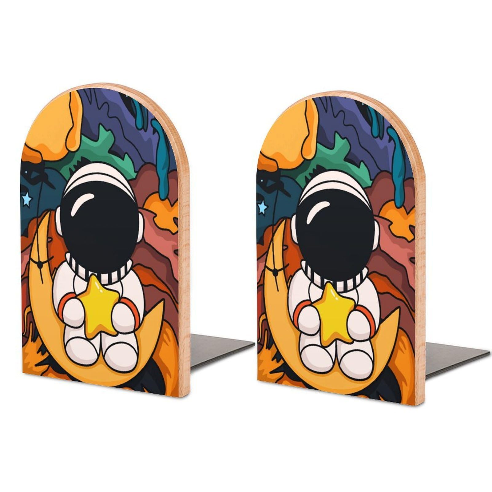 Astronaut Cute Solid Beech Wood Bookends, Decorative Book Ends for Shelves, Non-Skid Desktop Book Organizer for Home Office, Library Decor (1 Pair, 4.7" X 6.7")