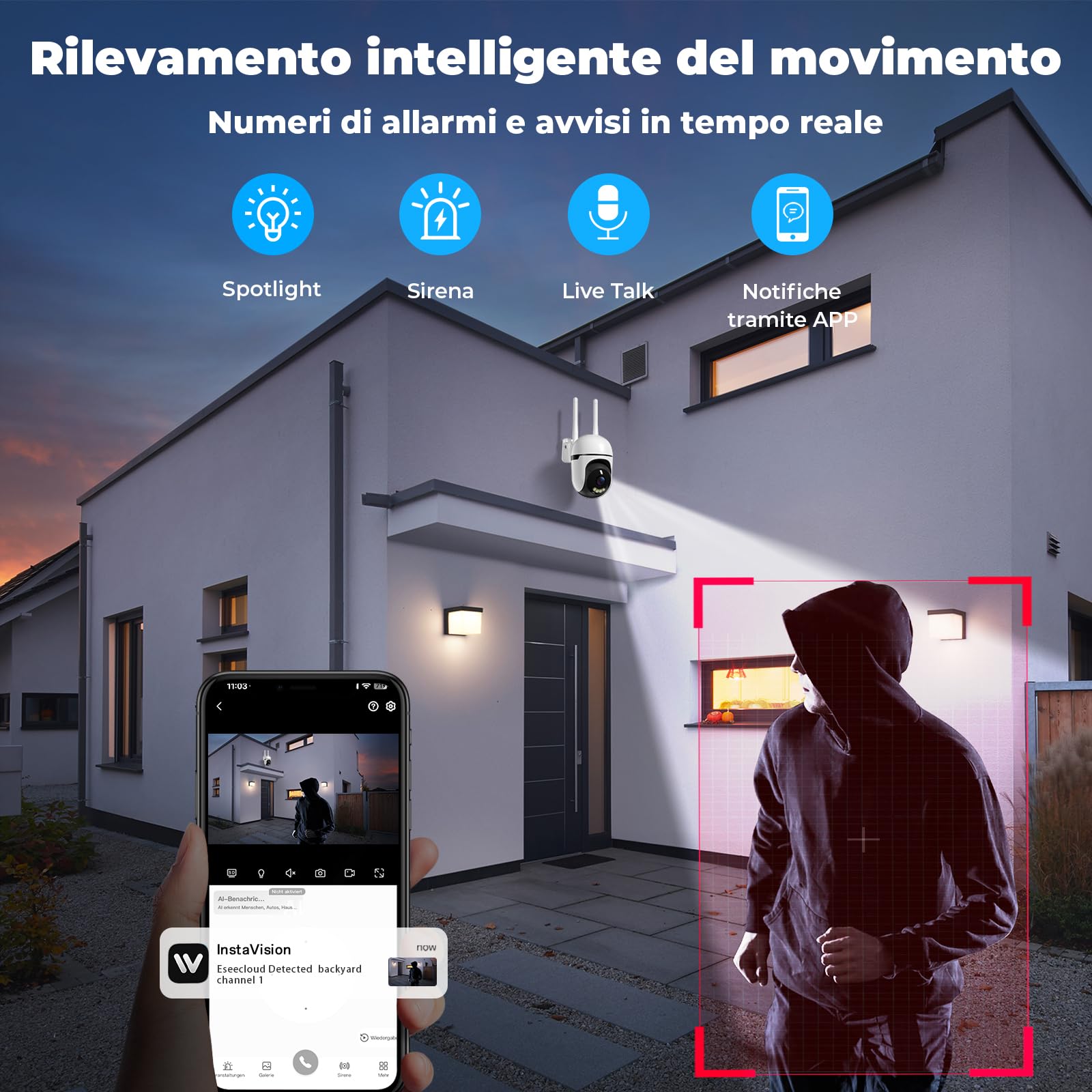 WESECUU - Cámara de vigilancia WiFi exterior, seguimiento automático de 360°, cámara IP compatible con 2.4Ghz/5Ghz, visión nocturna color, detección humana, audio bidireccional, grabación 24H