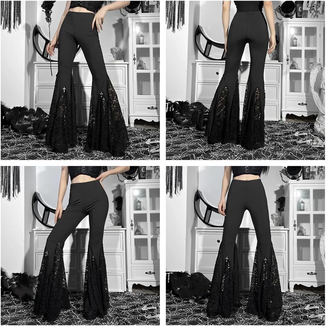 Women's Gothic Pants Lace Flare Leggings High Waist Mesh Bell Bottom Y2K Goth Grunge Patchwork Pants