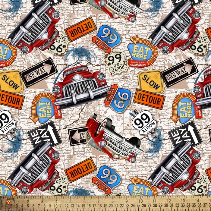 Road Trip Map Route 66 100% Cotton Fabric By the Yard