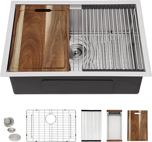 Miniatura 10 de Fulorni - Fregadero de barra de montaje inferior 23 pulgadas x 19 pulgadas, estación de trabajo de acero inoxidable calibre 16, fregadero de cocina